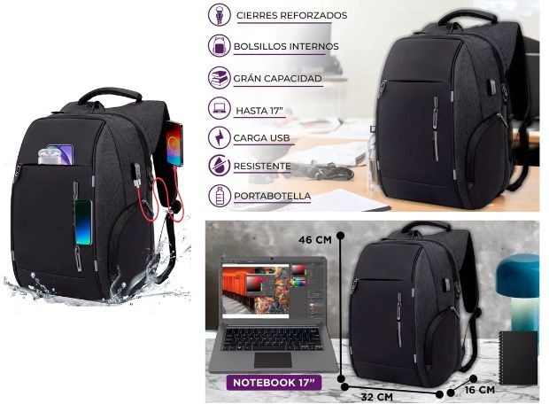 &u+ MOCHILA IMPERMEABLE URBANA CON CARGA USB Y CIERRES REFORZADOS